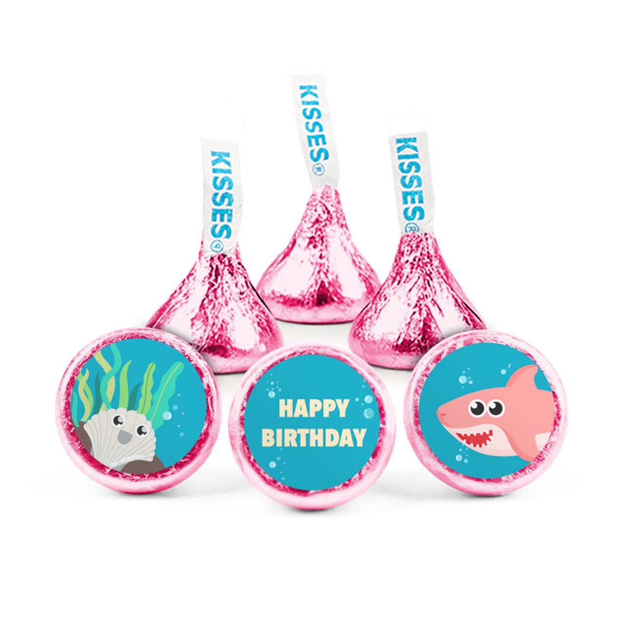 90ct Girl Shark Birthday Candy Party Favors Hershey's Kisses Milk Chocolate (90 Candies + 1 Sheet Stickers) - Assembly Required - by Just Candy